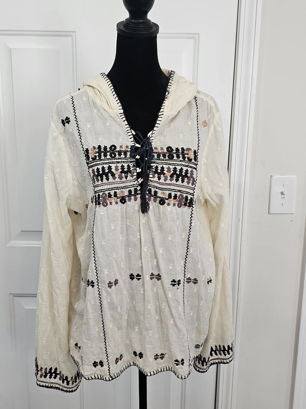 Free People Playa De Ray Cream Embroidered Hooded Pullover with Navy Tassel{Bx26 - Picture 1 of 15